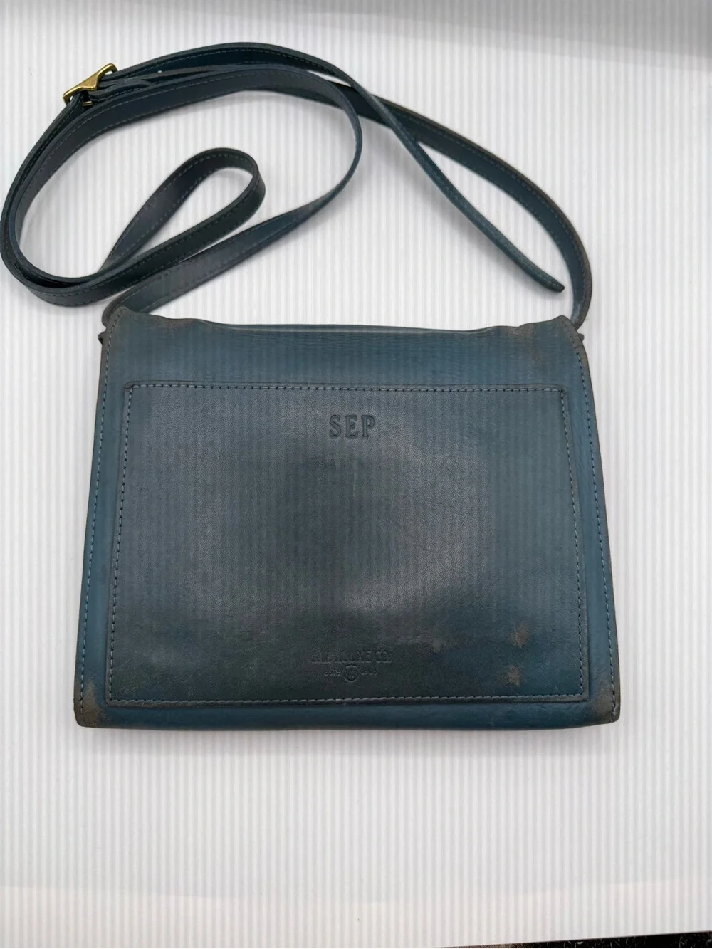 RARE Vintage J.W. Hulme Co. USA Teal/Slate Blue Leather Flap Crossbody Bag